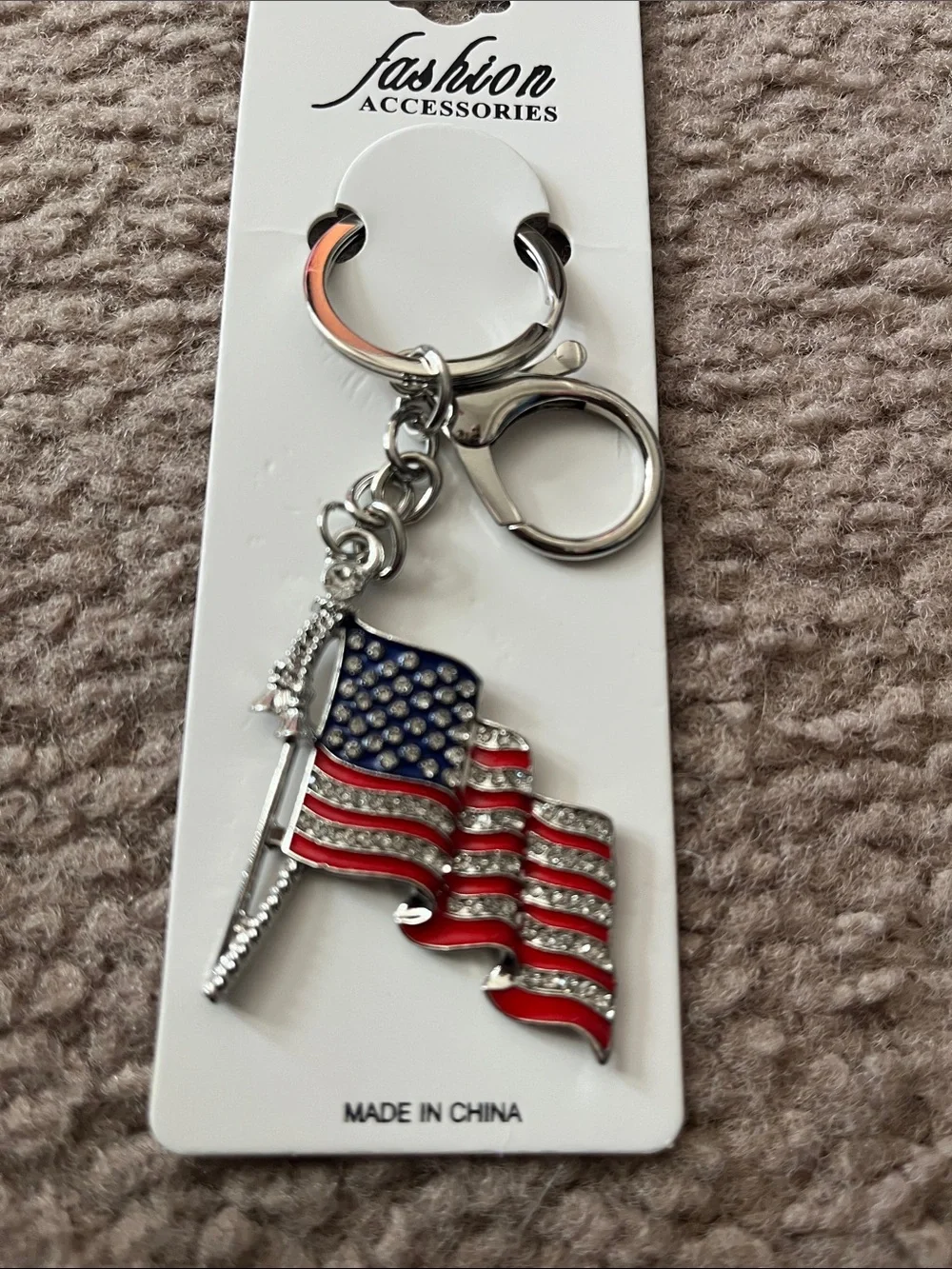 Rhinestone American Flag Keychain - Silver, Red, Blue